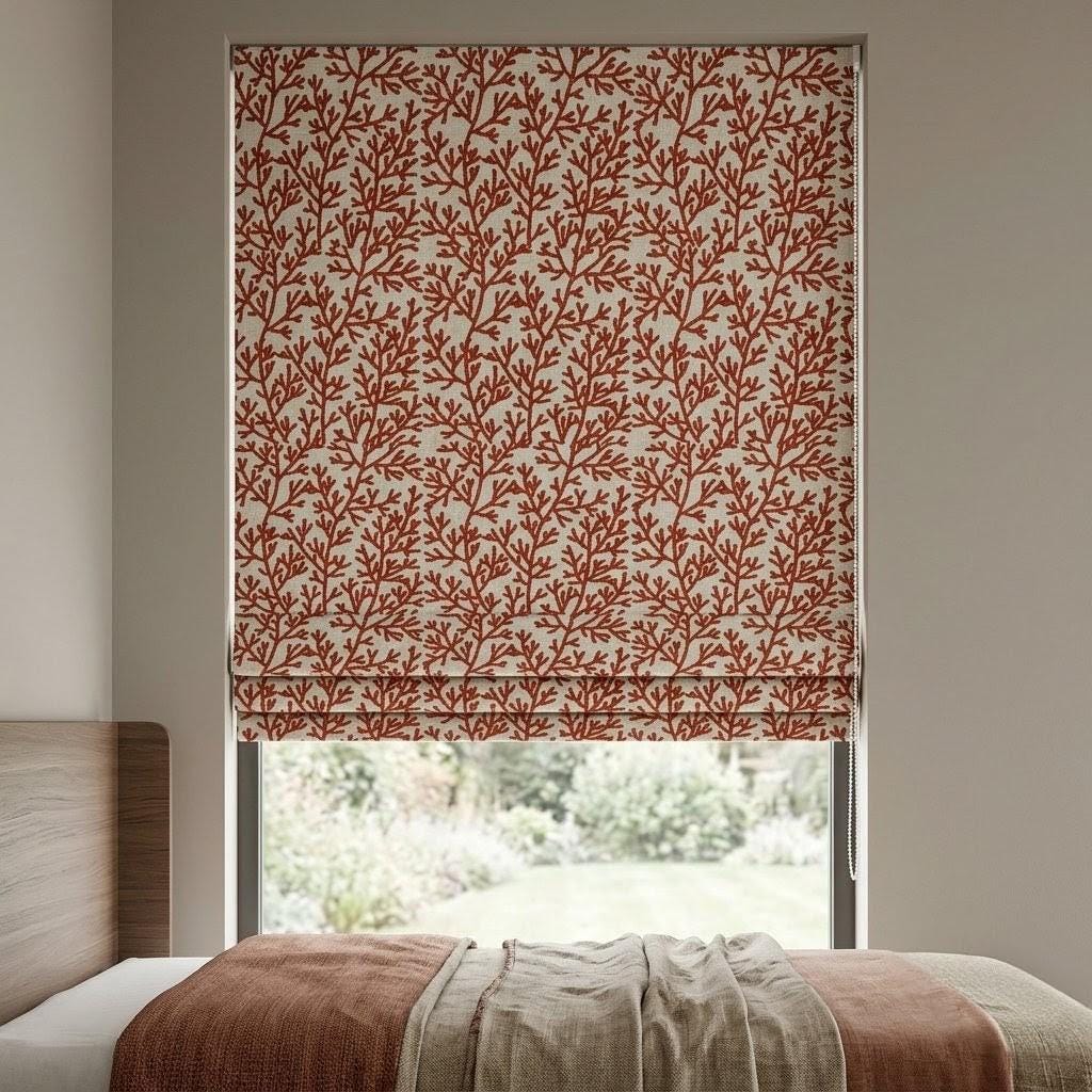 Custom Roman Shades, Natural Beige Linen Roman Blind, Rust Terracotta Coral Embroidered Window Treatment, Blackout or Cotton Lined — image 8