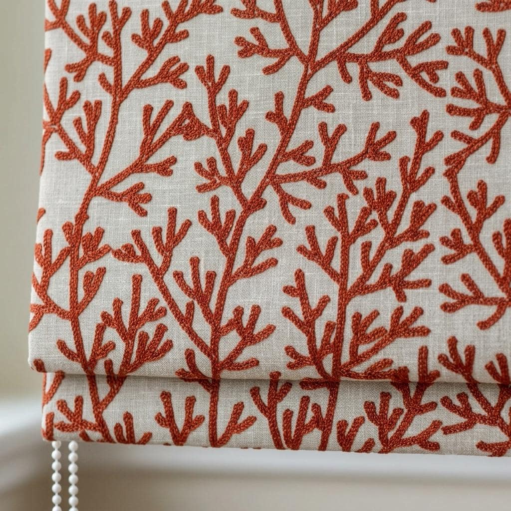 Custom Roman Shades, Natural Beige Linen Roman Blind, Rust Terracotta Coral Embroidered Window Treatment, Blackout or Cotton Lined — image 1