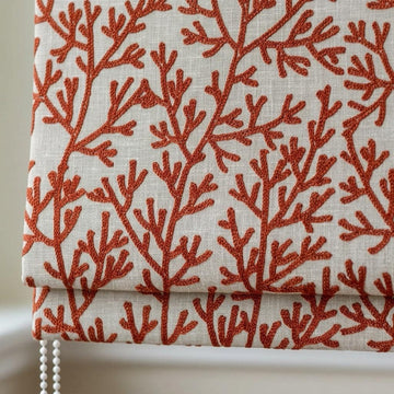 Custom Roman Shades, Natural Beige Linen Roman Blind, Rust Terracotta Coral Embroidered Window Treatment, Blackout or Cotton Lined — image 1