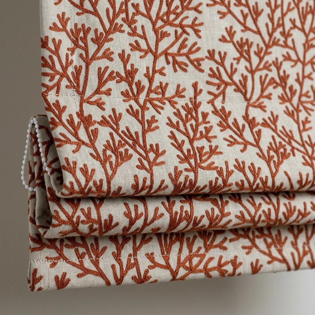 Custom Roman Shades, Natural Beige Linen Roman Blind, Rust Terracotta Coral Embroidered Window Treatment, Blackout or Cotton Lined — image 10