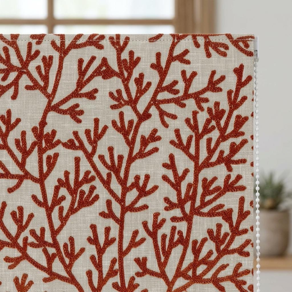 Custom Roman Shades, Natural Beige Linen Roman Blind, Rust Terracotta Coral Embroidered Window Treatment, Blackout or Cotton Lined — image 9