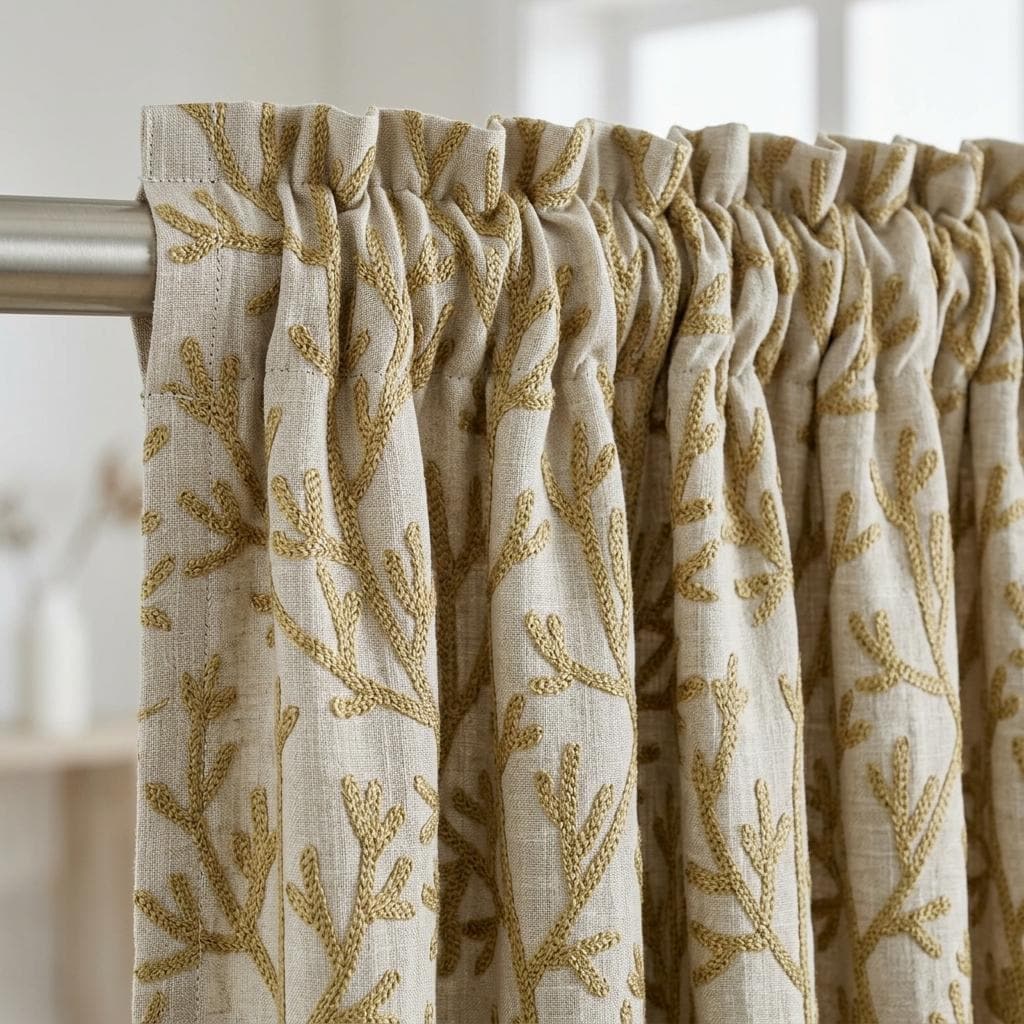 Olive Branch Linen Curtains, Natural Beige Embroidered Drapes, Custom Blackout Cafe Kitchen Living Room Panels — image 1