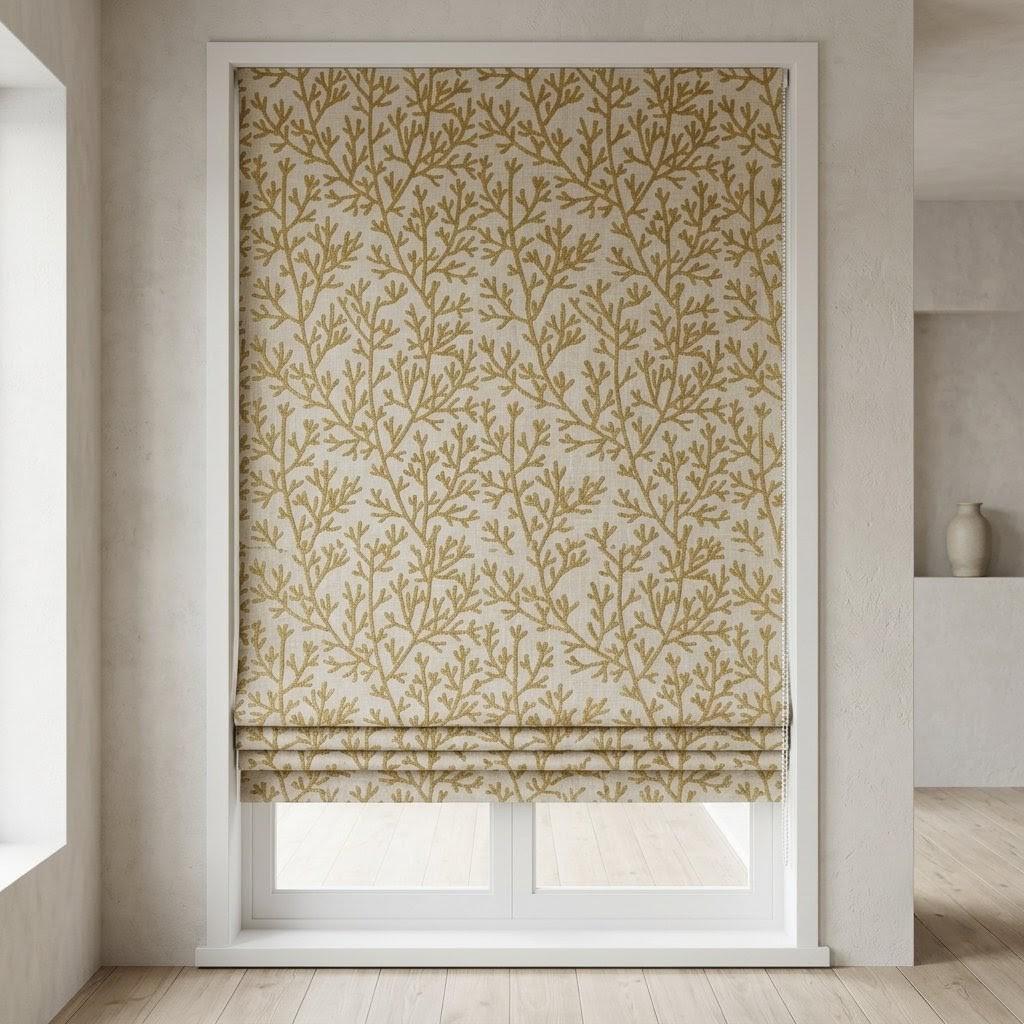 Custom Roman Shades, Natural Beige Linen Roman Blind, Olive Green Coral Embroidered Window Treatment, Blackout or Cotton Lined — image 1