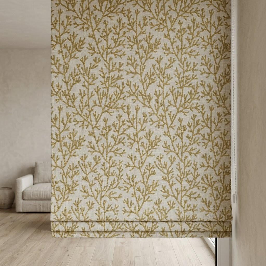Custom Roman Shades, Natural Beige Linen Roman Blind, Olive Green Coral Embroidered Window Treatment, Blackout or Cotton Lined — image 4