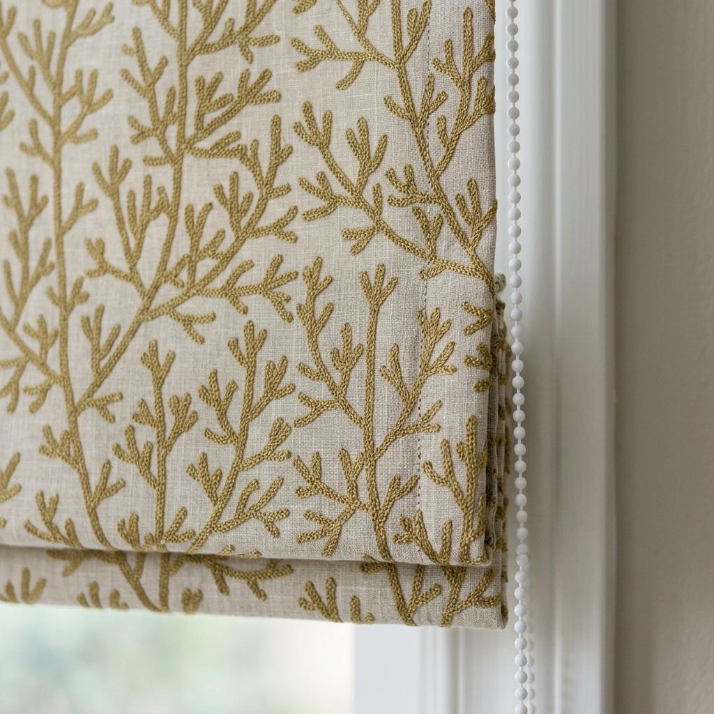 Custom Roman Shades, Natural Beige Linen Roman Blind, Olive Green Coral Embroidered Window Treatment, Blackout or Cotton Lined — image 5