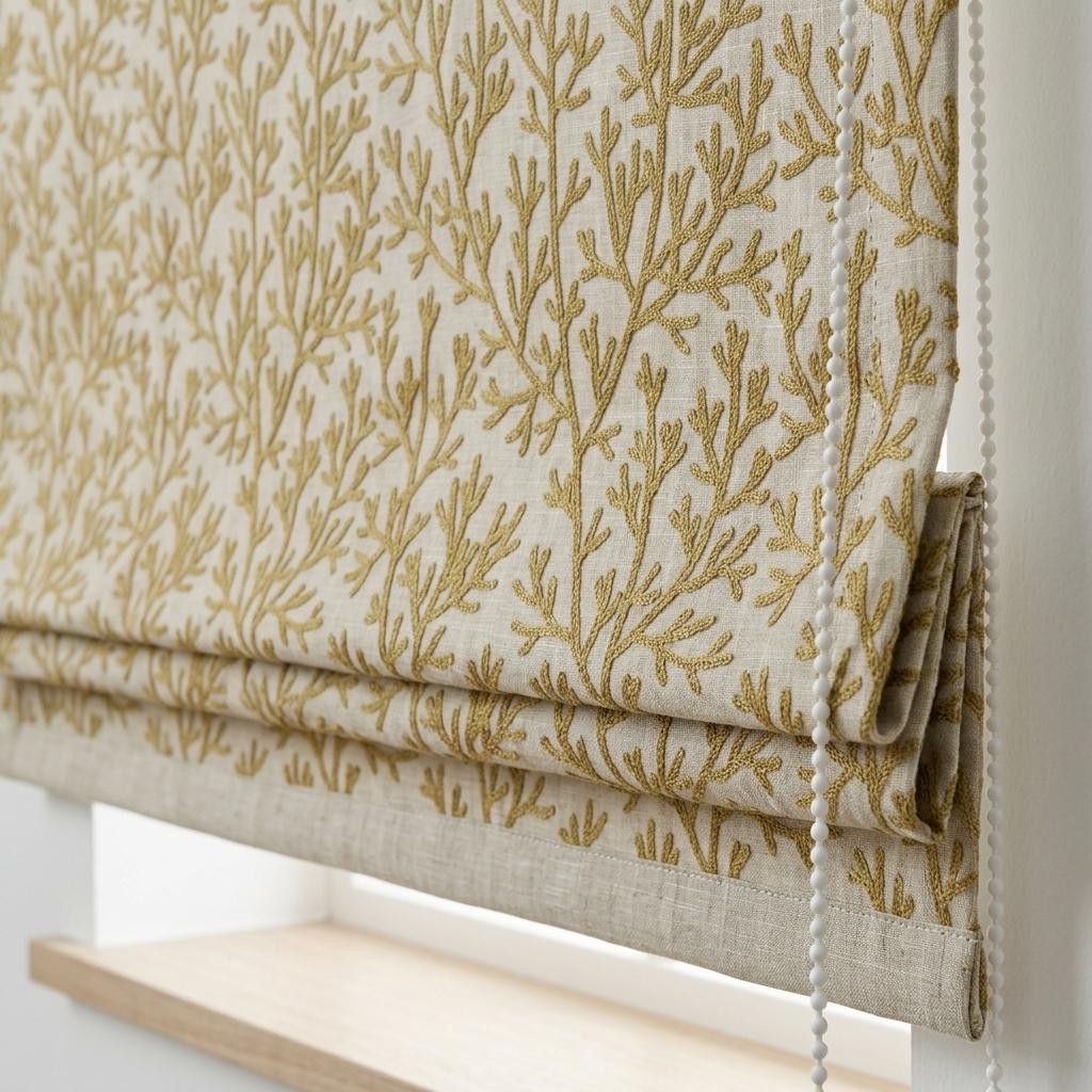 Custom Roman Shades, Natural Beige Linen Roman Blind, Olive Green Coral Embroidered Window Treatment, Blackout or Cotton Lined — image 7