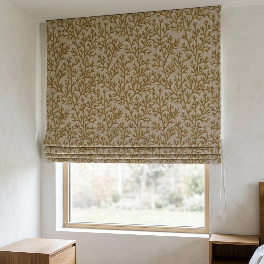Custom Roman Shades, Natural Beige Linen Roman Blind, Olive Green Coral Embroidered Window Treatment, Blackout or Cotton Lined — image 9