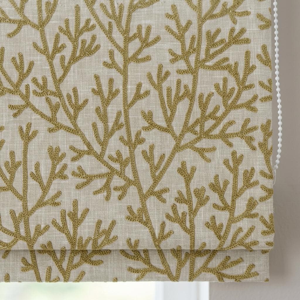 Custom Roman Shades, Natural Beige Linen Roman Blind, Olive Green Coral Embroidered Window Treatment, Blackout or Cotton Lined — image 3
