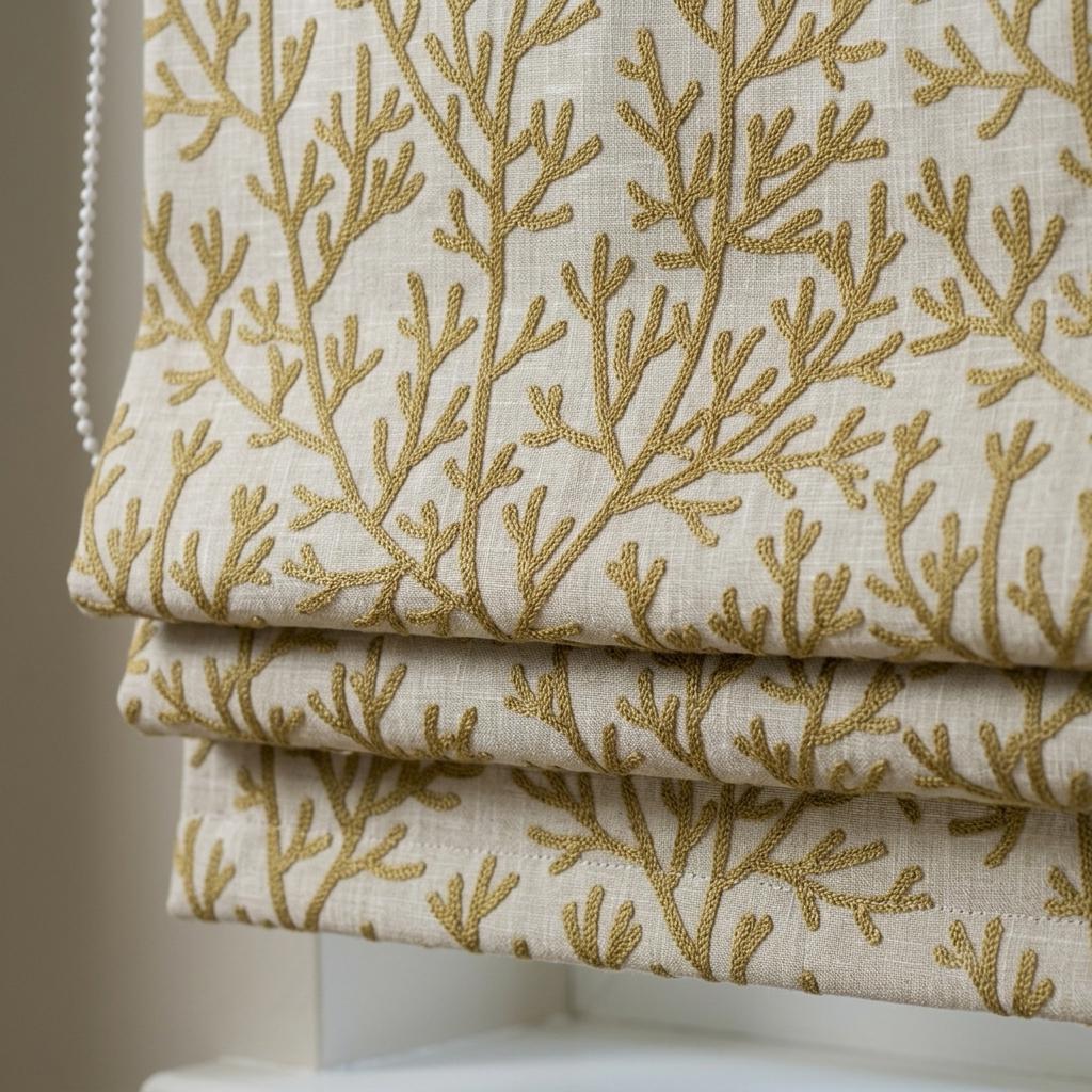 Custom Roman Shades, Natural Beige Linen Roman Blind, Olive Green Coral Embroidered Window Treatment, Blackout or Cotton Lined — image 1