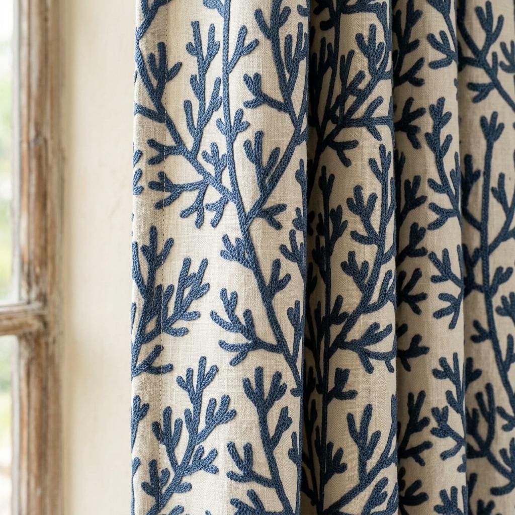 Navy Blue Coral Branch Linen Curtains, Natural Beige Embroidered Drapes, Custom Blackout Cafe Kitchen Living Room Panels — image 1
