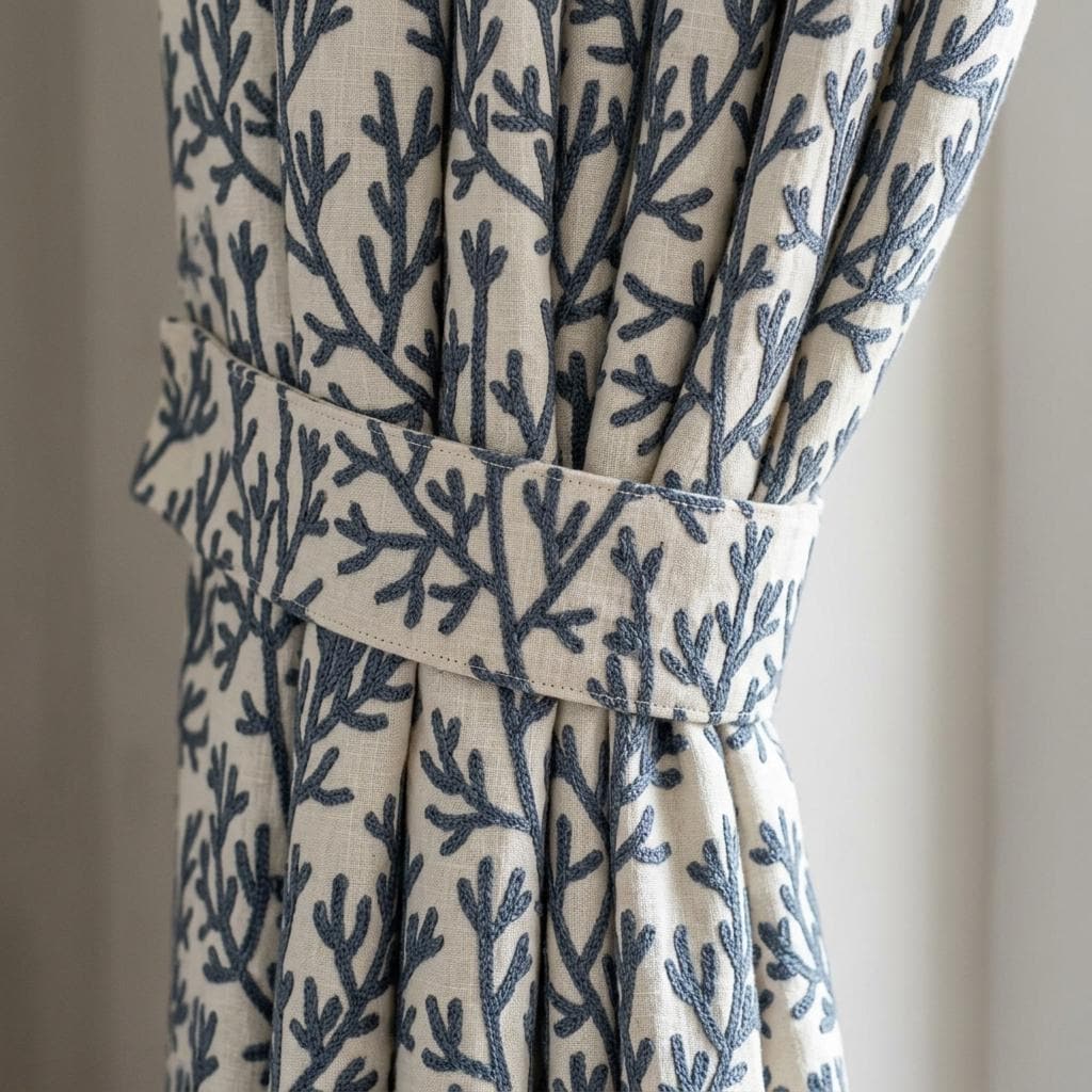 Navy Blue Coral Branch Linen Curtains, Natural Beige Embroidered Drapes, Custom Blackout Cafe Kitchen Living Room Panels — image 1
