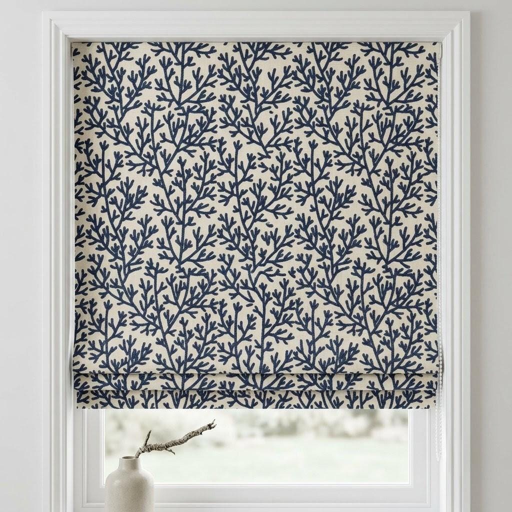 Custom Roman Shades, Ivory Linen Roman Blind, Navy Blue Coral Embroidered Window Treatment, Blackout or Cotton Lined — image 9