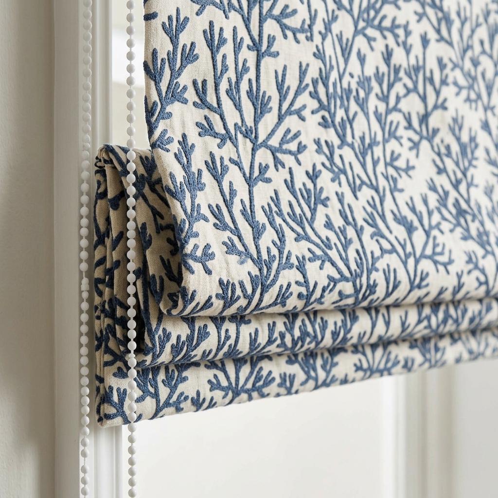 Custom Roman Shades, Ivory Linen Roman Blind, Navy Blue Coral Embroidered Window Treatment, Blackout or Cotton Lined — image 1