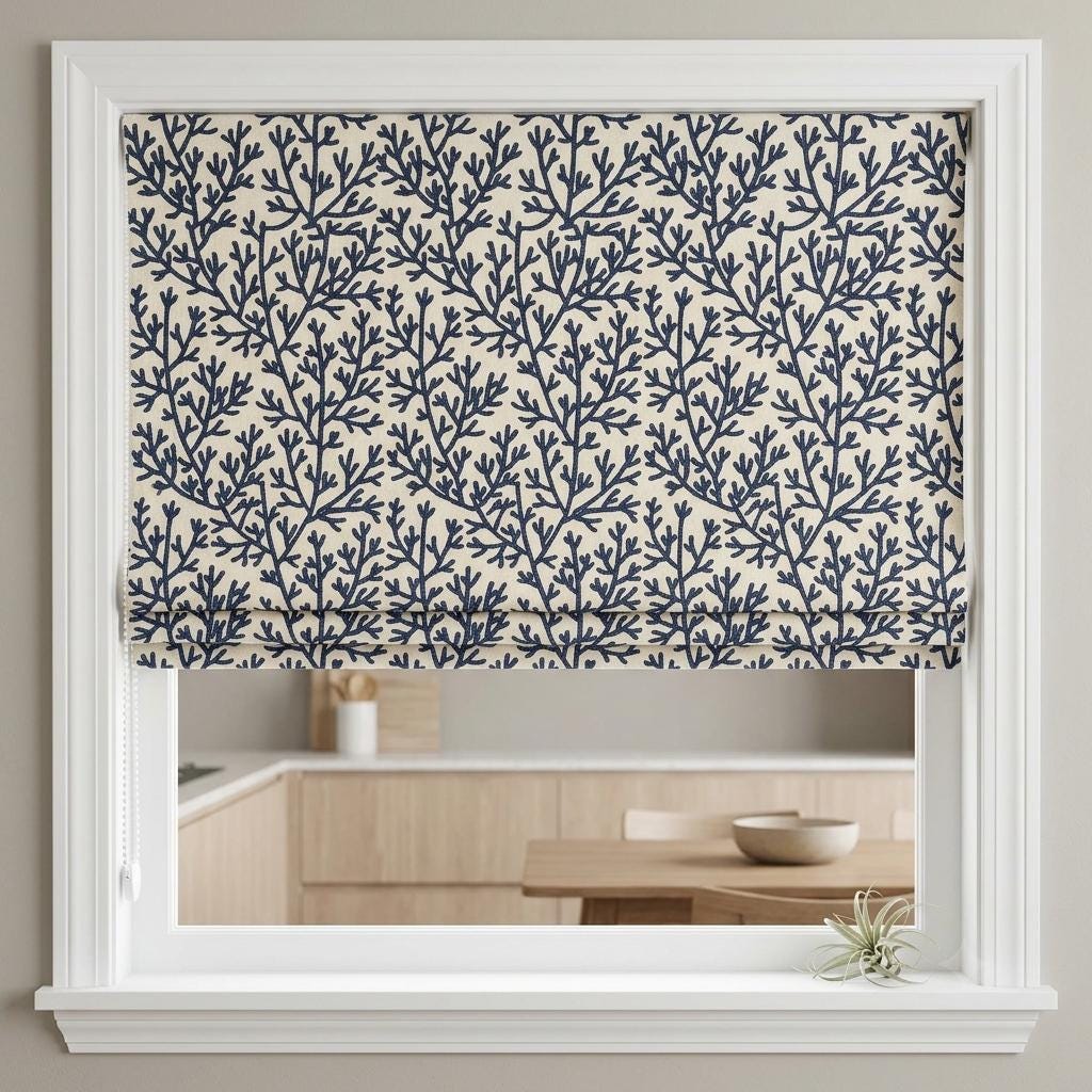Custom Roman Shades, Ivory Linen Roman Blind, Navy Blue Coral Embroidered Window Treatment, Blackout or Cotton Lined — image 3