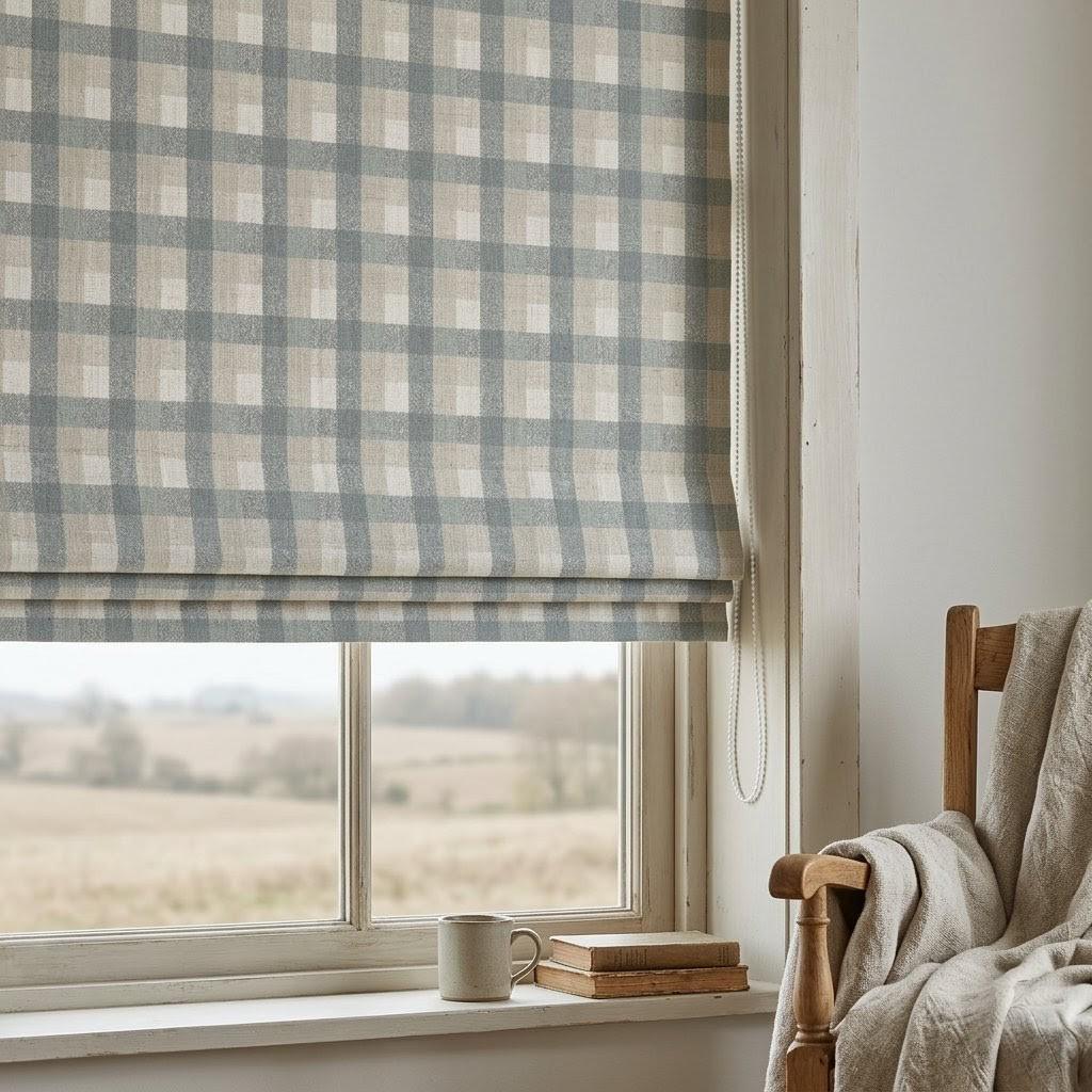 Custom Plaid Linen Roman Shades, Farmhouse Window Treatments (Blackout/Light Filtering) — image 1