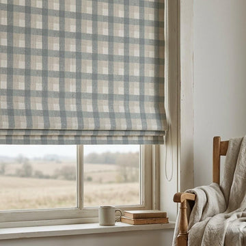 Custom Plaid Linen Roman Shades, Farmhouse Window Treatments (Blackout/Light Filtering) — image 1