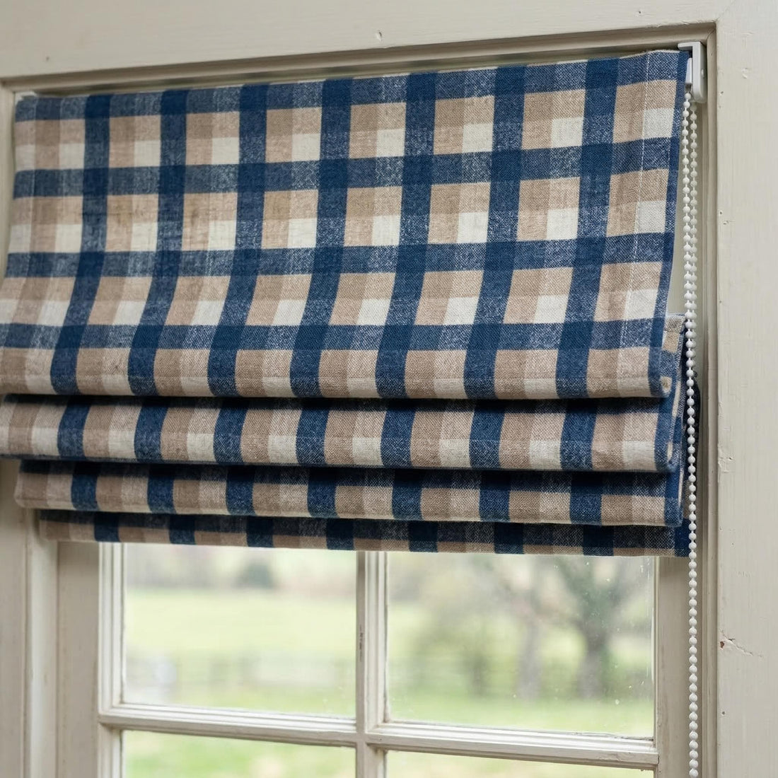 Custom Plaid Linen Roman Shades, Navy Beige Farmhouse Window Treatments (Blackout/Light Filtering) — image 1