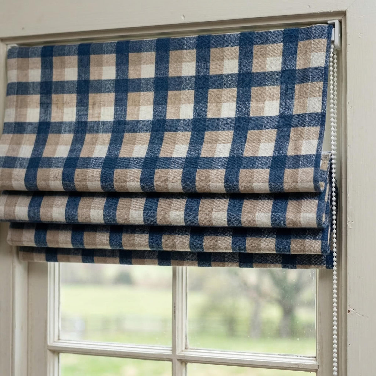 Custom Plaid Linen Roman Shades, Navy Beige Farmhouse Window Treatments (Blackout/Light Filtering) — image 1