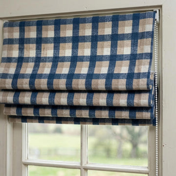 Custom Plaid Linen Roman Shades, Navy Beige Farmhouse Window Treatments (Blackout/Light Filtering) — image 1