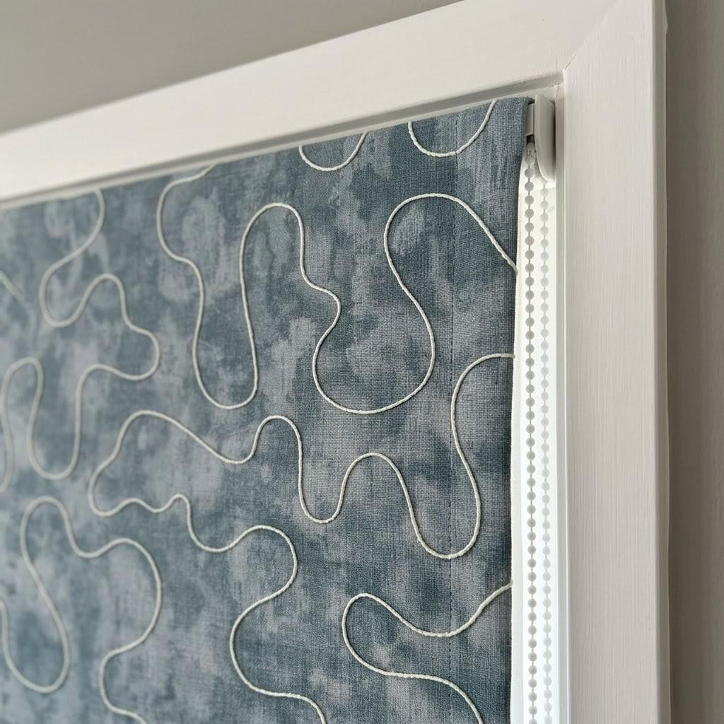 Dusty Blue Abstract Embroidered Roman Blinds, Custom Linen Window Shade — image 1