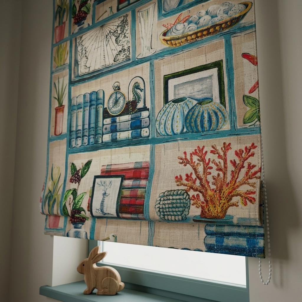 Nautical Bookshelf Roman Blinds, Coastal Nursery Linen Window Shade (Custom Blackout) — image 1