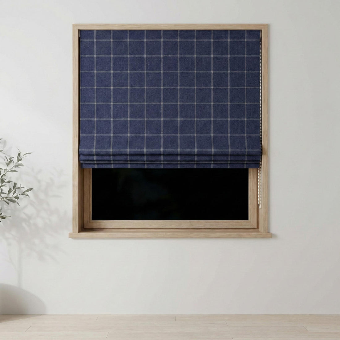 Navy Blue Plaid Linen Roman Shade, Custom Corded Window Blind (Light Filtering or Blackout) — image 1