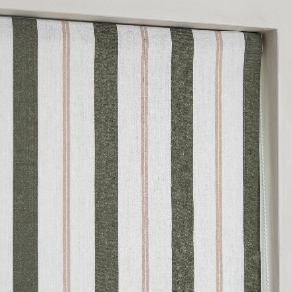 Roman Shade: Olive Green & Beige Stripes - Custom Linen, Corded — image 4