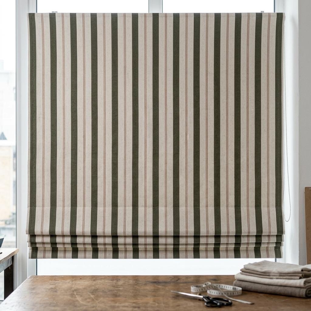 Roman Shade: Olive Green & Beige Stripes - Custom Linen, Corded — image 9