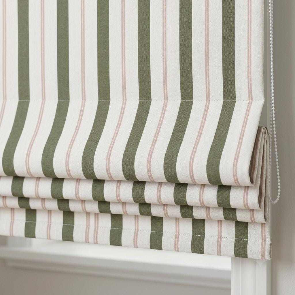 Roman Shade: Olive Green & Beige Stripes - Custom Linen, Corded — image 1