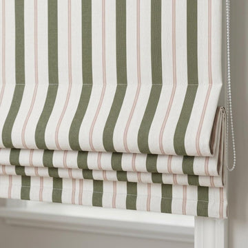 Roman Shade: Olive Green & Beige Stripes - Custom Linen, Corded — image 1
