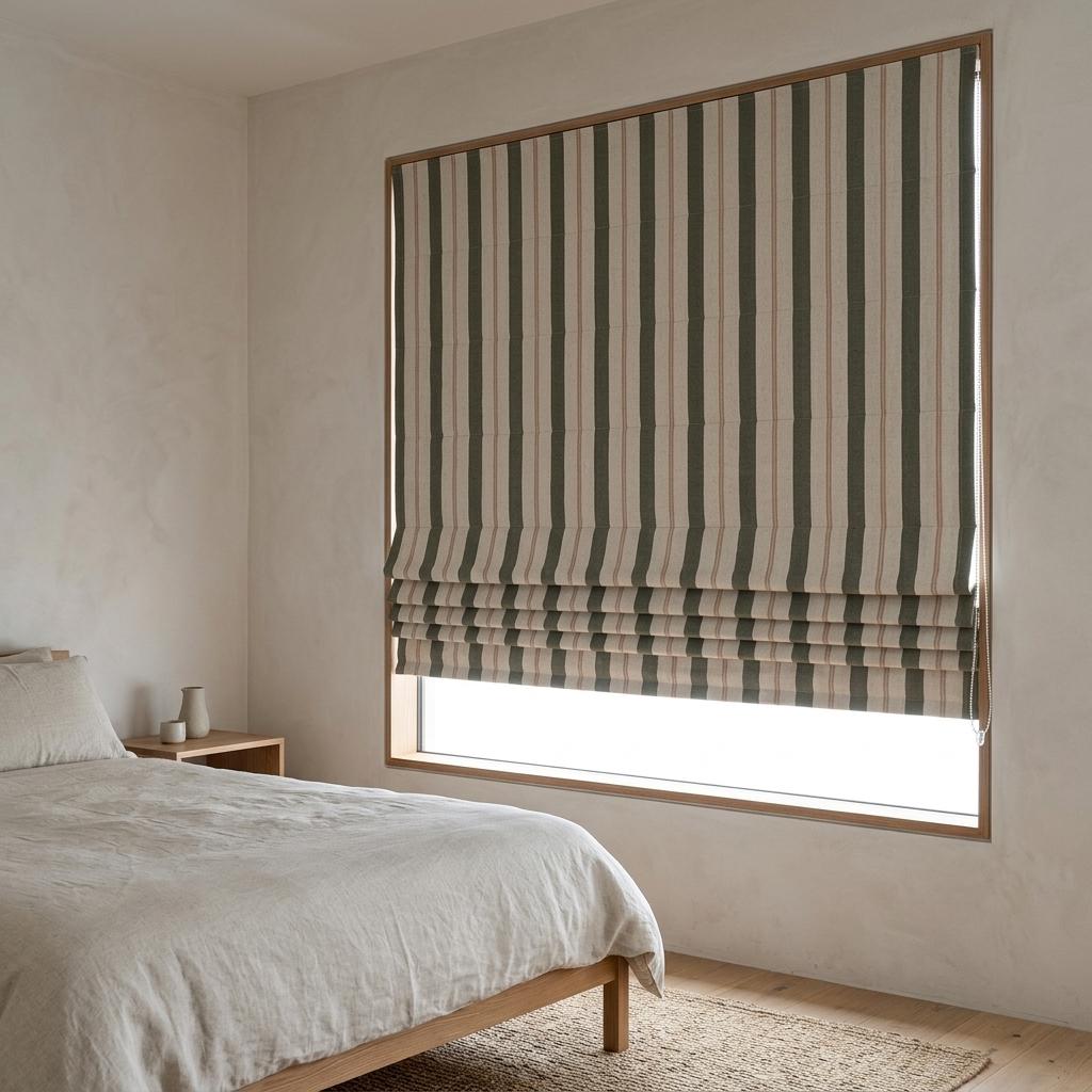 Roman Shade: Olive Green & Beige Stripes - Custom Linen, Corded — image 2