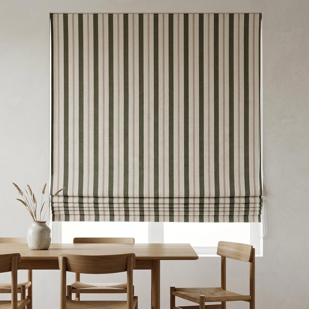 Roman Shade: Olive Green & Beige Stripes - Custom Linen, Corded — image 7