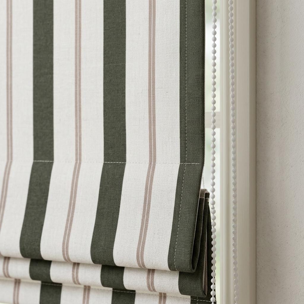Roman Shade: Olive Green & Beige Stripes - Custom Linen, Corded — image 6