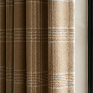 Camel Beige Plaid Organic Linen Curtains, Farmhouse Windowpane Check Drapes, Cotton Lined or Blackout, 50/100 Wide Custom — image 1