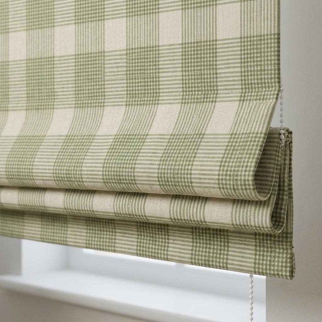 Sage Green Plaid Roman Shade: Custom Linen, Blackout or Light-Filtering — image 1
