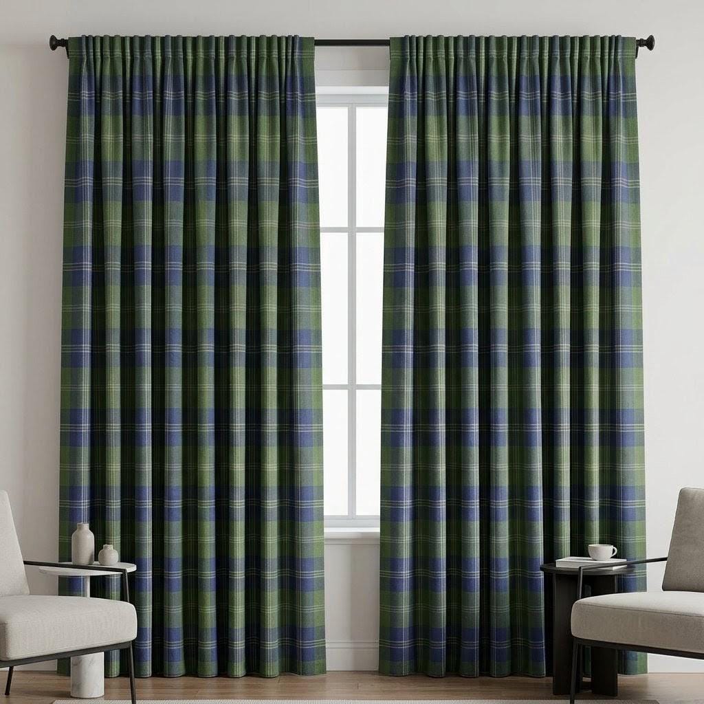 Blue Olive Green Plaid Pure Linen Curtains, Heavy Tartan Drapes, Custom Blackout Farmhouse Window Panels — image 4
