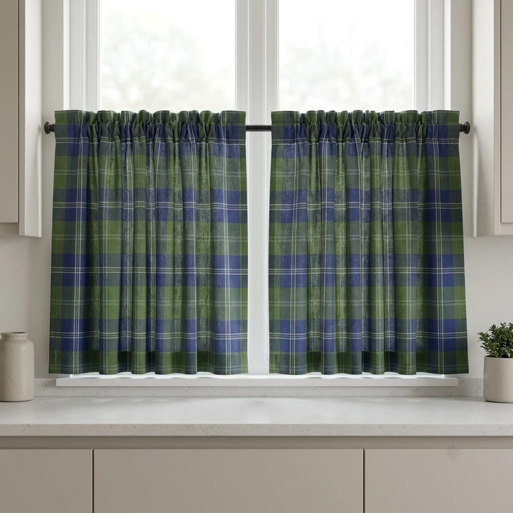 Blue Olive Green Plaid Pure Linen Curtains, Heavy Tartan Drapes, Custom Blackout Farmhouse Window Panels — image 7