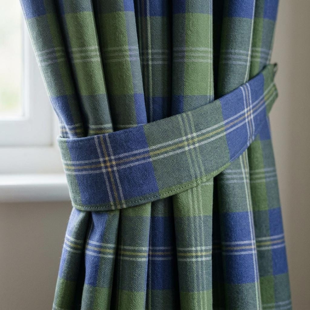 Blue Olive Green Plaid Pure Linen Curtains, Heavy Tartan Drapes, Custom Blackout Farmhouse Window Panels — image 2