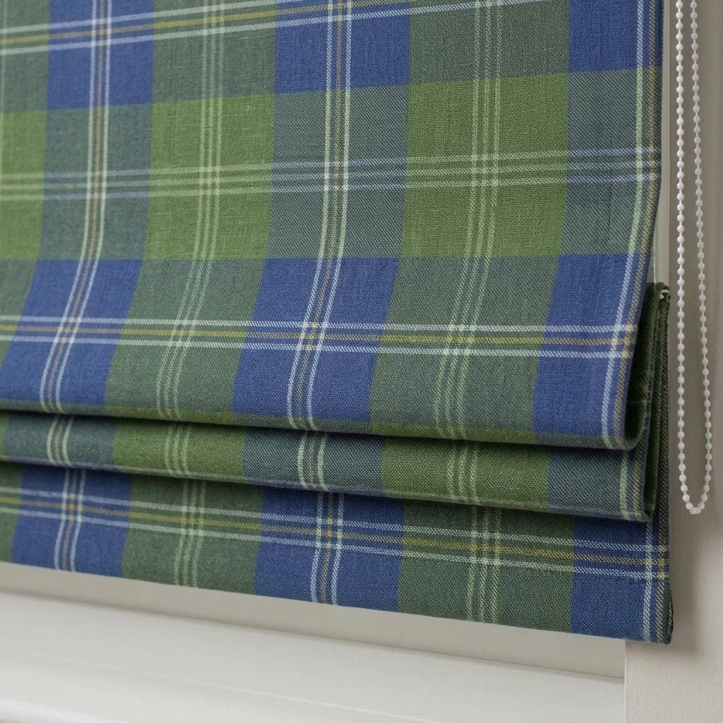 Olive Green Navy Blue Plaid Pure Linen Roman Shade, Custom Tartan Check Window Blind, Blackout or Light Filtering Corded Shade — image 1