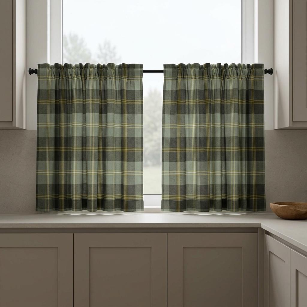 Sage Green Plaid Pure Linen Curtains, Charcoal Gray Mustard Tartan Drapes, Custom Blackout Farmhouse Panels — image 5