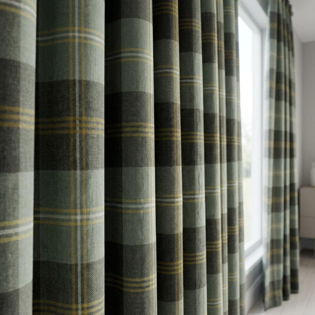 Sage Green Plaid Pure Linen Curtains, Charcoal Gray Mustard Tartan Drapes, Custom Blackout Farmhouse Panels — image 6