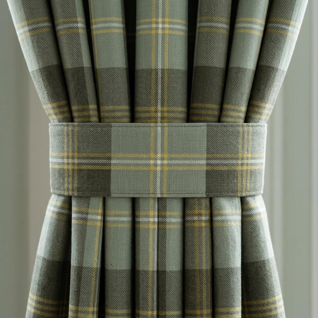 Sage Green Plaid Pure Linen Curtains, Charcoal Gray Mustard Tartan Drapes, Custom Blackout Farmhouse Panels — image 1