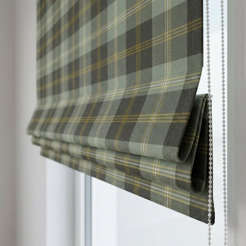 Sage Green Charcoal Plaid Linen Roman Shade, Mustard Tartan Custom Corded Window Blind, Blackout or Light Filtering — image 1