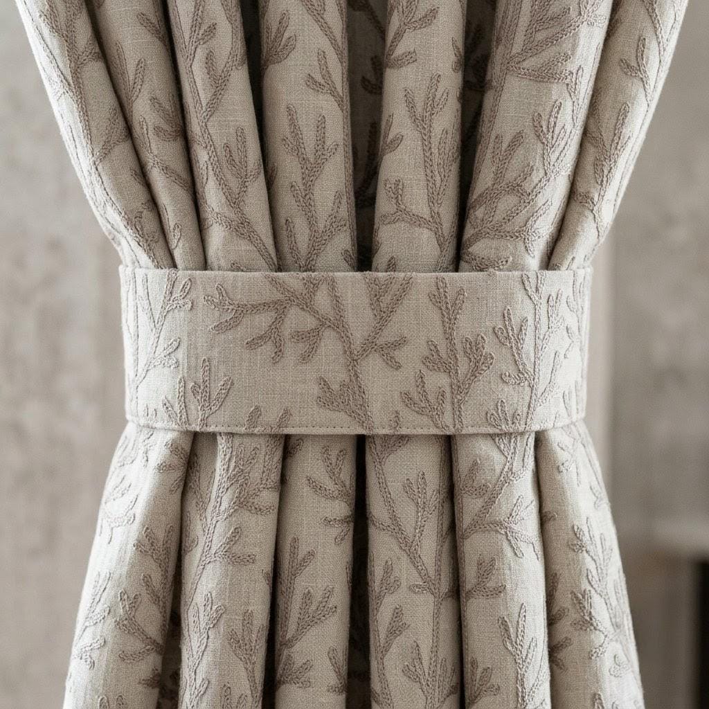 Taupe Branch Linen Curtains, Natural Beige Embroidered Drapes, Custom Blackout Kitchen Living Room Curtain Panels — image 2