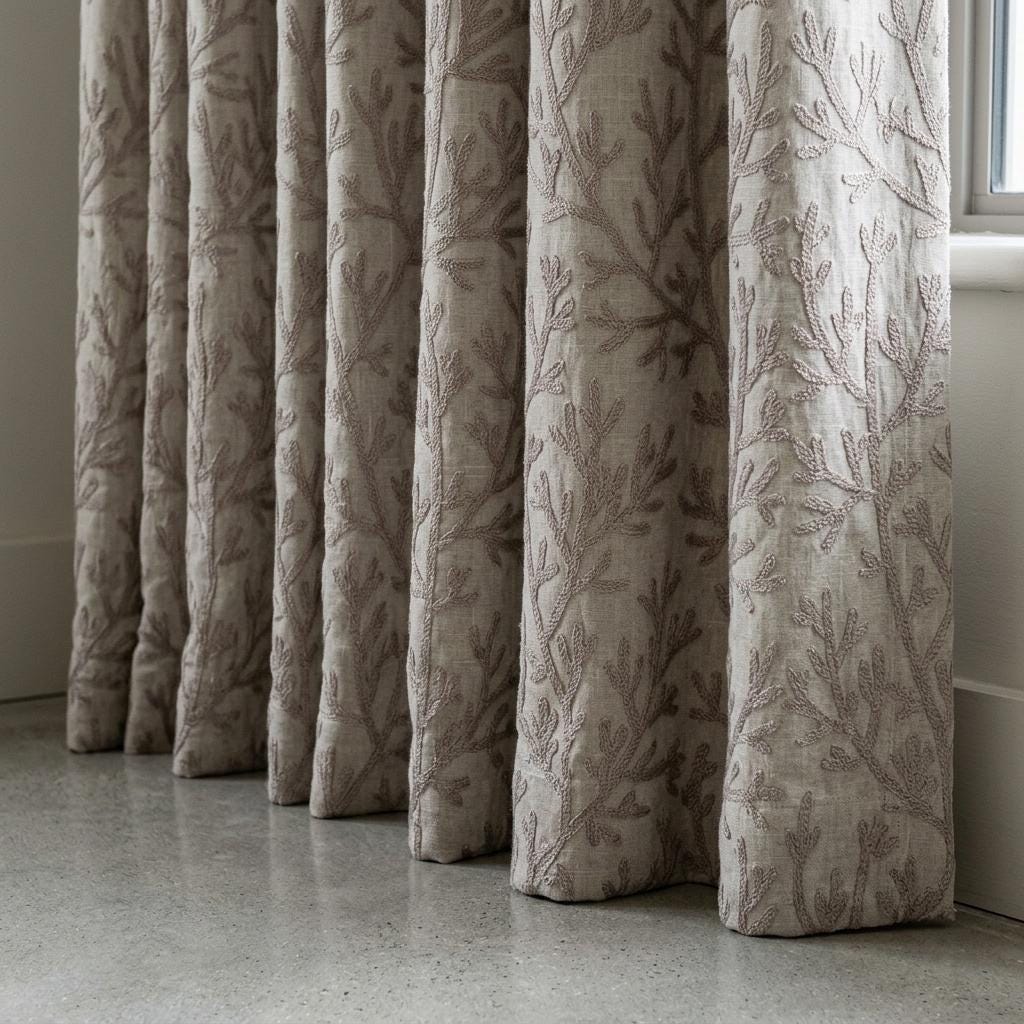 Taupe Branch Linen Curtains, Natural Beige Embroidered Drapes, Custom Blackout Kitchen Living Room Curtain Panels — image 6