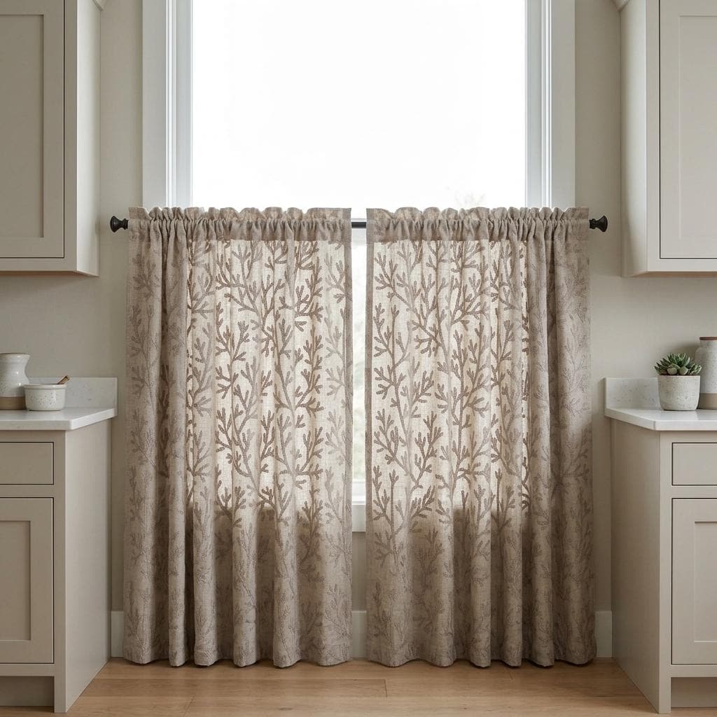 Taupe Branch Linen Curtains, Natural Beige Embroidered Drapes, Custom Blackout Kitchen Living Room Curtain Panels — image 9