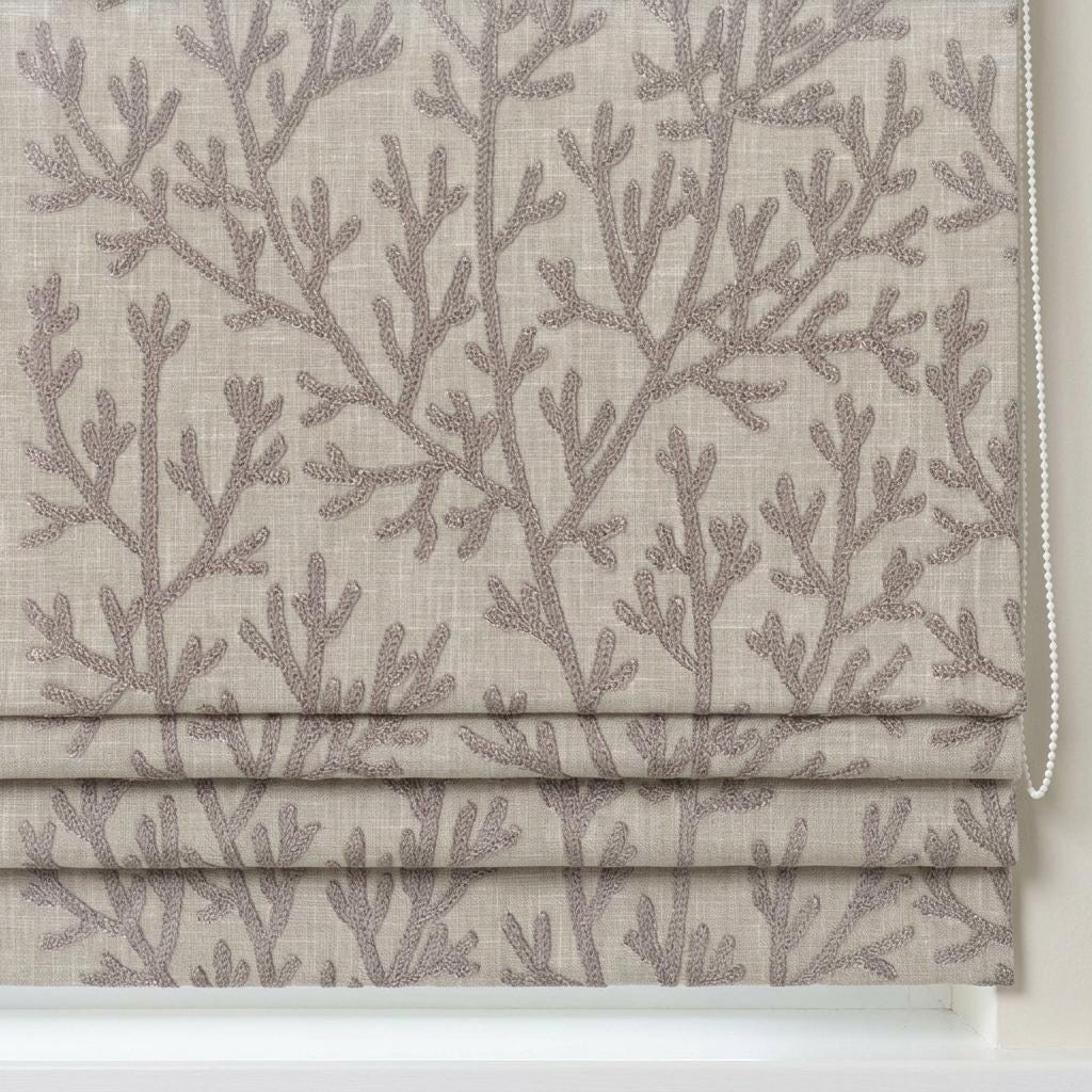Custom Roman Shades, Natural Linen Roman Blind, Taupe Coral Embroidered Window Treatment, Blackout or Cotton Lined — image 3