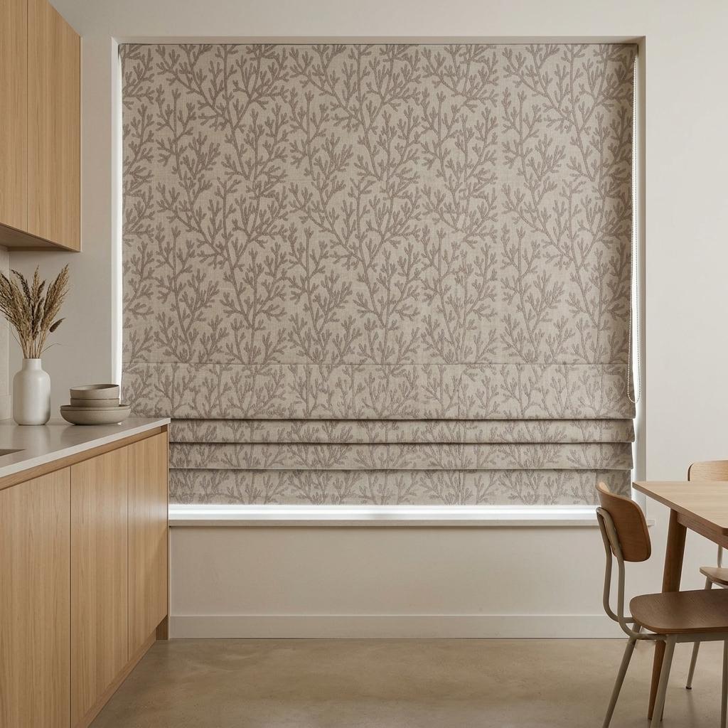Custom Roman Shades, Natural Linen Roman Blind, Taupe Coral Embroidered Window Treatment, Blackout or Cotton Lined — image 4