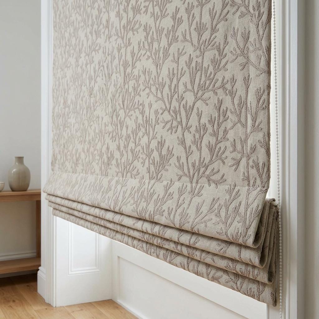 Custom Roman Shades, Natural Linen Roman Blind, Taupe Coral Embroidered Window Treatment, Blackout or Cotton Lined — image 8