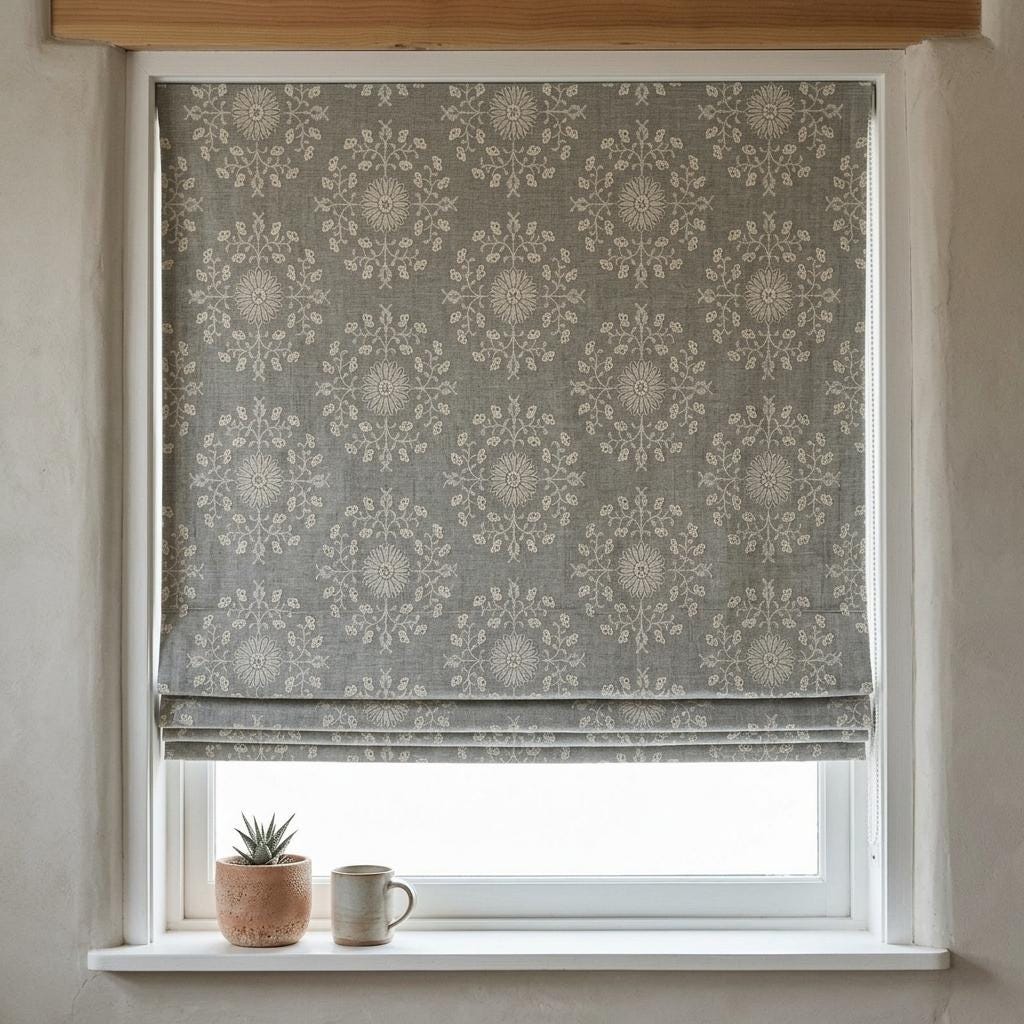 Slate Gray Linen Roman Shade, Ivory Embroidered Floral Damask Blind, Custom Blackout Corded Window Treatment — image 1